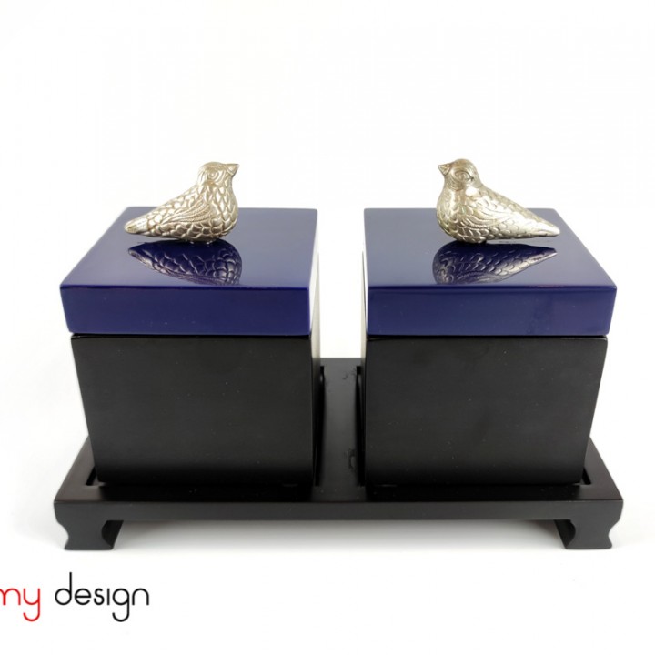 Set of 2 black square boxes 9 cm with blue lid with bird and stand